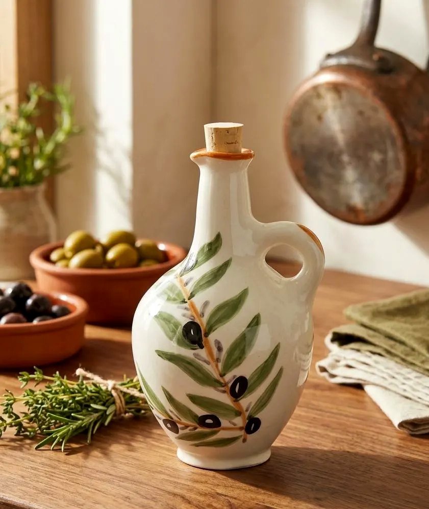 Puglian olive oil in a hand-crafted terracotta bottle, with bowls of olives and rosemary